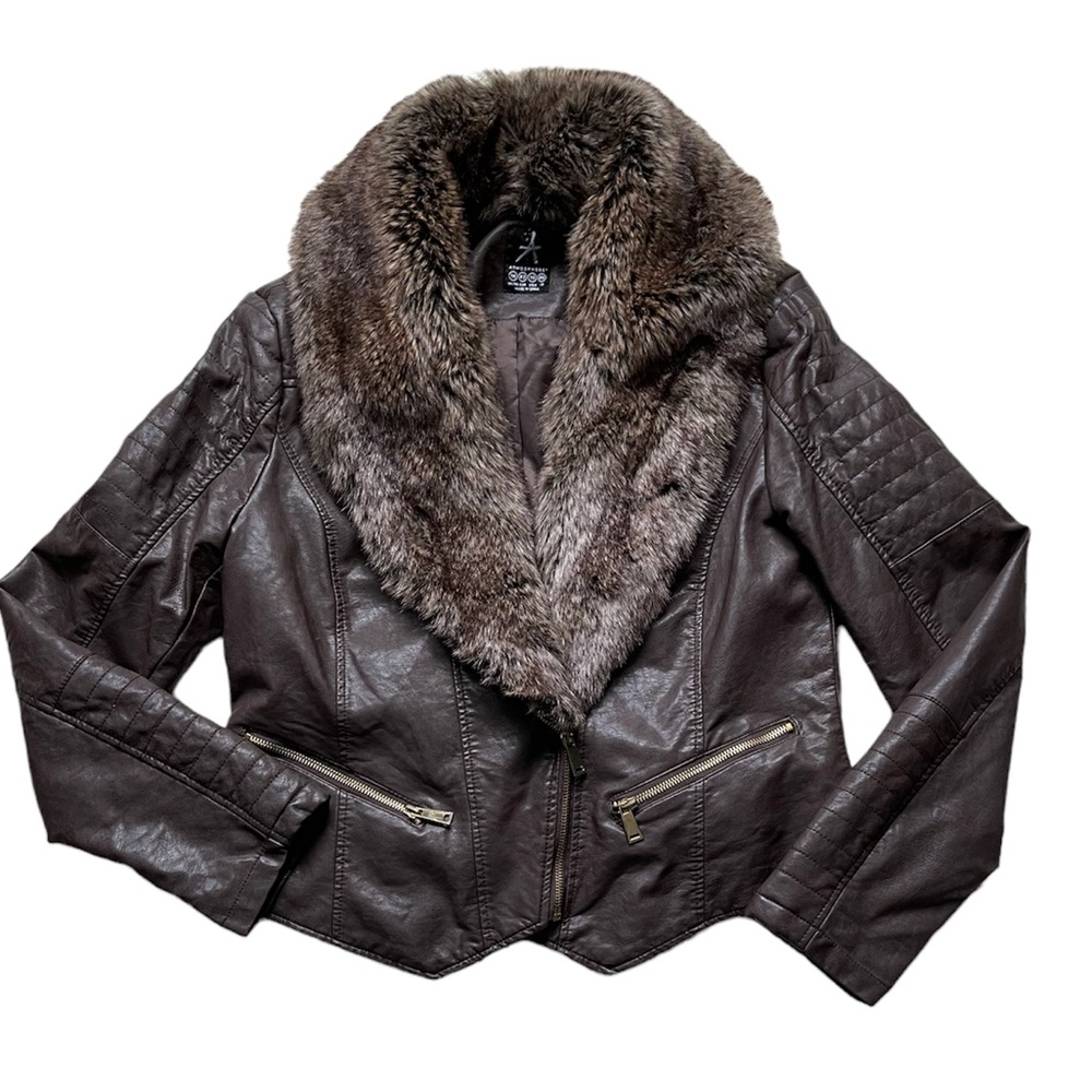 Atmosphere Vegan Leather Jacket Faux Fur Collar Size 10
